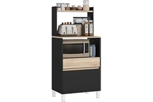 HOMCOM Meuble Micro Onde, Buffet Cuisine avec Placard tiroir étagère supérieur, Meuble Micro Ondes Cuisine Rangement pour Salle à Manger, Salon, 60 x 40 x 131 cm chêne et Noir