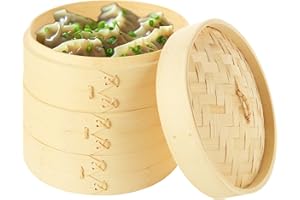 LOPYXBR Bamboo Steamer Basket 8 inch, Dumpling Steamer Basket Bamboo Steamers 3 Tier, Steaming Basket with Lid, Dim Sum Steamers 8 inches for Vegetables, Dumpling, Meat and Fish(20cm)