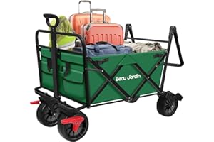 BEAU JARDIN Folding Festival Trolley Camping Trolley with Brake 220 KG 150L Capacity All Terrain Utility Beach Trolley Portable Rolling Trailer Shopping Push Buggies Outdoor Picnic Garden Wagon Green