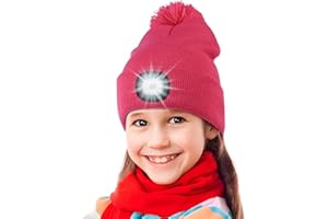 Deilin Geburtstag Geschenke für Junge Mädchen, Bommel Mütze mit Led Licht USB Wiederaufladbare Winter Strickmütze mit Stirnlampe Süßer Pompom Details - Ideal für Nächtliche Aktivitäten & Outdoor