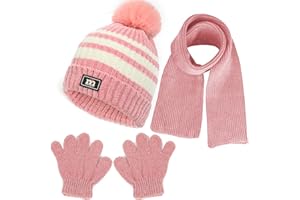 NLAND Bambini Cappello a Maglia Termica Sciarpa Guanti Set 3 Pezzi Berretto Beanie con Pompom Caldo Scaldacollo Accessori Invernali Set per Bambina Ragazzi Ragazze 1-5 Anni