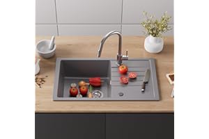 CECIPA Évier de cuisine, réversible, 78 x 45 cm, en granit, avec égouttoir, siphon et dessus, 80 % sable de quartz, pour meuble bas de 60 cm, gris