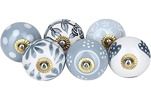 RAJRANG BRINGING RAJASTHAN TO YOU Möbelknöpfe grau und weiß - Keramik knöpfe, 6er-Set, Punkte Blumenform Vintage handgefertigte Küchenschublade runder Türknauf