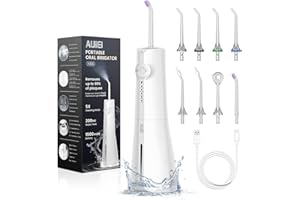 AUIEI Jet Dentaire Hydropulseur Portable Water Flosser, Irrigateur Oral 5 Modes et 8 Buses,Réservoir 300ML, USB Chargé, Étanche IPX7,Convient Gencive Sensible (Blanc)