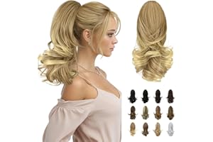 ‎SOFEIYAN Sofeiyan 33cm Pferdeschwanzverlängerung Langer lockiger Pferdeschwanz Clip in Klaue Haarverlängerung Natürlich aussehendes synthetisches Haarteil für Frauen, Dunkelblond zu Bleichblond