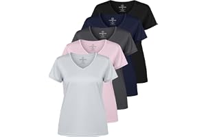 Real Essentials 5-pack: Kortärmad v-ringad t-shirt, träningskläder, dry-fit, vätskeavledande, yogatopp för kvinnor (finns i p