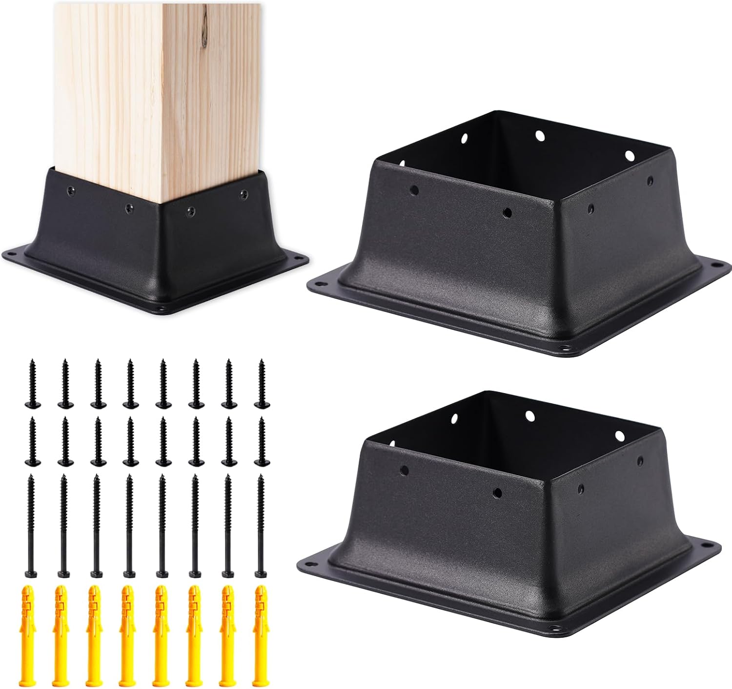 Vigtayue 4x4 Post Base Anchor Kit, 2-piece, Black powder-coated, Fits 4"x4" standard wood post, Supports deck, porch handrail & railing