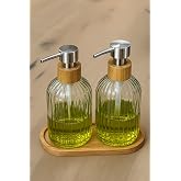 Zbern 2&rsquo; Glass Liquid Soap Dish Set &ndash; Smoked Color, 300ml Clear Glass Body, Natural Bamboo Head and Stand Dispense with &ndash; Modern Pump