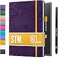 A5 Bullet Dotted Journal Notebook by STM | Thick Bleedproof 160gsm Paper, 150 Pages | Lay Flat Vegan Leather Hardcover | 2 Bookmarks, Printed Page numbers | Black Pen | 5.75 x 8.5 in | Aubergine