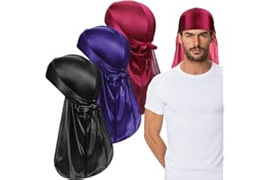 JATIPY 3PCS Silky durags Cap Set for Men - Breathable, Long Tail, and Wave Compression Headwraps - Fashionable Do Rag for 360 Waves, Hair Protection, and Fashionable Styling (Red, Black and Navy Blue)