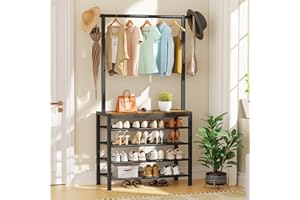 Creso hom Hall Tree, Schuhregal mit Garderobe, 5 Etagen, verstellbare Schuhaufbewahrung mit 116,1 cm langer Garderobe für Haustür, Garage, Schrank, freistehend, industriell, rustikales Braun und