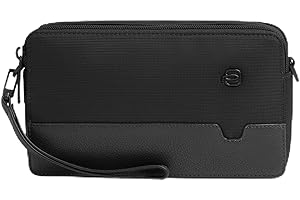 PIQUADRO – Pochette in Pelle e Tessuto Riciclato – 2 Scomparti, Polsiera Rimovibile – Colore Nero – Uomo