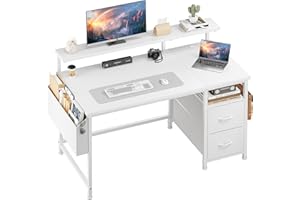 ‎KLYVVO Klyvvo Schreibtisch mit 2 Schubladen Bieten Stauraum, 100x48 Schreibtisch mit Monitorständer, 2 Ablagehaken, Kabelführungsfach, Kompakte Maße Passen Gut in Studierende, Home-Office-Arbeiter, Weiß