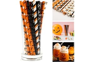 ROWJOW 50pcs Halloween Paper Straws Party Cup Decorations - Black Orange Drinking Straws in Stripe/Ghost/Pumpkin Design for Party Drinks | Halloween Tableware Cocktail Accessories, Biodegradable (19.7cm)