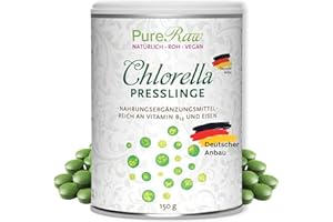 ‎PURERAW Chlorella Tabletten Presslinge aus Deutschland - Regional, Rein & Kontrolliert (Roh Vegan) Chlorellaalgen reich an Vitamin B12 Eisen Spermidin Chlorophyll - Chlorella Vulgaris Tablets PureRaw 150g