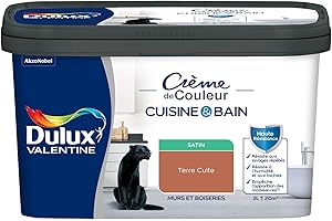 Dulux Valentine Peinture Intérieure Crème de Couleur Cuisine et Salle de Bain - Pièces Humides Murs et Boiseries - Résistant aux taches et à l'humidité - Satin Terre Cuite 2 L