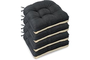 Casabella Chair pads - Dining Chairs Cushion - 4 Pc Cushions 45x45+8cm Non Slip Backing Chairpads - Tufted Seat pads With Ties - Durable & Soft Cushions for Kitchen, Garden - Black