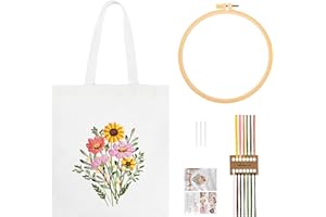 JSRQT Kit da Ricamo per Borsa in Tela per Principianti, Starter Kit Ricamo a Gamma Completa con Motivi Floreali, Kit per Punto Croce per Cucito Fai da Te, Borsa con Aghi per Istruzioni Fili, Bianco