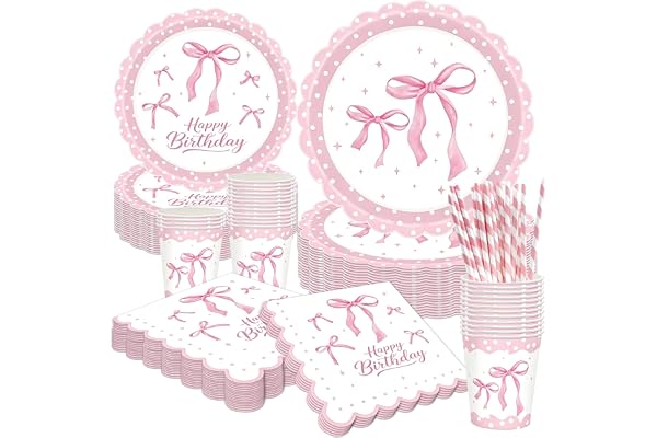 YOUYIKE 80 stycken rosetter saker dekoration födelsedag, rosa festservis set med papperstallrikar servetter pappersmugg sugrör, födelsedag födelsedagsdekoration rosa party tallrik papperstallrik och