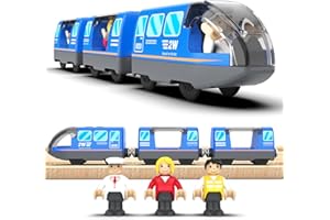 LiRiQi Pociąg kolejowy, elektryczny pociąg drewniany, pociąg dla dzieci, zasilany bateriami, pociąg silnikowy kompatybilny z Thomas Brio, zabawka na prezent dla chłopców i dziewczynek od 3 lat,