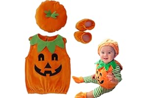 Hifot 3 Pezzi Vestito Zucca Neonato,Costume Zucca Bambino Pagliaccetto con Cappello e Scarpa Costumi Halloween Bambini Ragazze Ragazzi