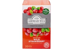 ‎AHMAD TEA Ahmad Tea - Wild Strawberry - Früchte- und Kräutertee ohne Koffein - Erdbeer - Einzeln Verpackte, Aromaversiegelte Teebeutel mit 2g Tee pro Portion - 20 Teebeutel mit Band