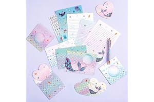 WERNNSAI Sirène Enveloppes de Papier Papeterie - 71 PCS Sirène Papier de Papeterie pour Enfants Filles Noël Cadeaux d'anniversaire Papier de Enveloppes Cartes Autocollants Plume Boite Cadeau
