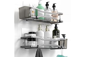 FINIBO Duschablage Ohne Bohren, 2 Stück Selbstklebend Badregal Badezimmer Organizer, Duschregal Edelstahl mit 4 Haken und 2 Zahnpasta Halter, Schwarz Duschablage Duschkorb für Bad Küche