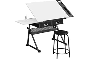 ‎YAHEETECH Yaheetech Zeichentisch Architektentisch Verstellbarer Tischplatte Schreibtisch Schülerschreibtisch mit Hocker und Schubladen Höhenverstellbar Arbeitstisch für Techniker Architekten Weiß