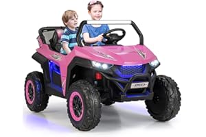 GYMAX Kids Electric UTV, 2-Seater 12V Battery Powered Toy Car with Remote Control, Lights, Bluetooth, MP3, USB, FM, High/Low Speed & Suspension Spring, Children Ride on Car for 3-8 Years Old (Pink)