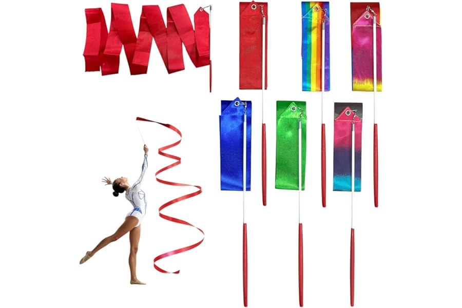 LIPENS 6Pcs Gymnastics Ribbon 78.7 Inch Silk Dance Ribbons with 360° Universal Joint and Non-slip Ribbon Wands Gymnastics Equipment for Rhythmic Gymnastic Marching Band Circus in Dancing and Training