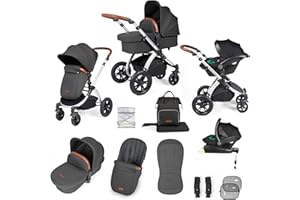 Ickle Bubba Stomp Luxe 12-Piece Travel System with i-Size Stratus Car Seat & ISOFIX Base – All-Terrain Pram, Pushchair, Carrycot, Footwarmer & Rain Cover, Birth to 4 Years* (Silver/Charcoal Grey/Tan)