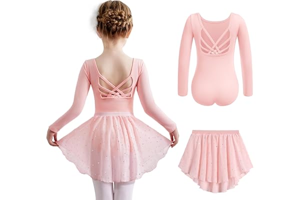 Arshiner Vêtements de Ballet pour Filles de 2 à 10 Ans Robe de Ballet à Manches Longues Deux Pièces en Coton Robe de Danse Dos Nu Justaucorps de Ballet avec Tutu Justaucorps de Danse