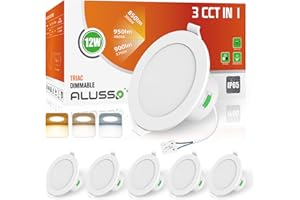 ALUSSO Downlight LED Regulable, 12W IP65 Empotrable 3000K 4000K 5700K Ajustable, φ90-100mm, Ojos de Buey para Baño Salón, Blanco, 6 Pack
