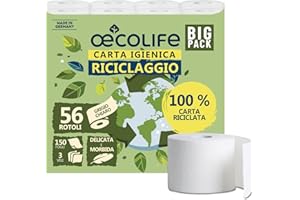 ŒCOLIFE oecolife - Carta igienica RECYCLING, 3 strati, 56 x 150 fogli per rotolo, super morbida, sostenibile, riutilizzabile, confezione 60% PCR (56 rotoli)
