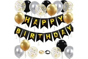 TRIVUNPIS Happy Birthday Banner, Black Gold Birthday Decoration, 16 Pcs 12in Happy Birthday Balloons with 2 Ribbons for Men Women Girls and Boys Birthday Party Decoration