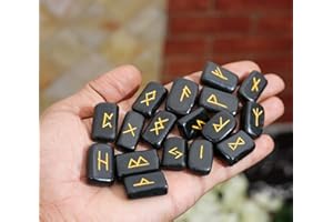 FASHIONZAADI Black Obsidian Gemstone Rune With Engraved Lettering Elder Futhark Reiki Healing Crystal Stone Runes For Fortune Telling And Emf Protaction Chakra Balancing Spituale Gift Size :- 20-25mm