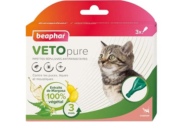 Beaphar – VETOPURE – Pipettes répulsives antiparasitaires pour Chaton – Extraits de Margosa – Contre Les puces, tiques et moustiques – Protection 3 Mois – Facile à appliquer – 3 pipettes