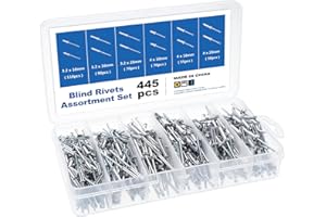 Gueenky 445 Pièces Rivet Aluminium, 3,2/4 mm Rivet Pop, 6 Tailles Assortiment Rivets Aveugle pour Métal Bois Plastique, avec Boîte de Rangement