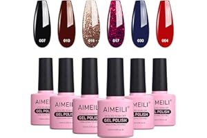 AIMEILI Hema-Free Gel Nail Polishes Red Black Glitter Gel Polish Set Soak Off UV LED Nail Salon Set Gel Varnish Manicure Set - Long Lasting & Easy to Apply 6pcs X 10ml - Kit 21