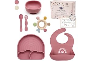 Lucky Koala® Coffret Repas Bébés en Silicone I Assiette et Bol avec Ventouse, Bavoir, Cuillères d'apprentissage, Anneau Dentition I Qualité Alimentaire I Sans BPA I Coffret Cadeau