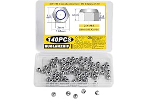 RUGLAMZHIP 140 Pezzi Dadi M3, Dadi di Bloccaggio M3, Dadi di Autobloccanti Sicurezza, Dadi Esagonali in Acciaio Inox, Dado DIN 985 Dadi di Arresto per Viti Bulloni Filettati Inserti Filettati