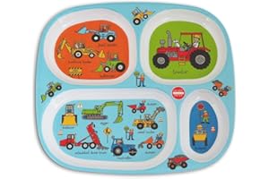 Tyrrell Katz Toddler Divider Plate in Blue with 4 Sections and Trucks Design - Dishwasher Safe Melamine Kids Compartment Tray - 24 x 21 x 2 cm