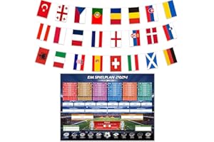 AhfuLife EM Fahnen Wimpelkette und Damen EM Spielplan Poster 2025, Damen Euro Fußball 2025 Party Deko, 6m-14x21cm Doppelseitig EM Flaggen und A1 Format Poster (11m Wimpelkette & A2 Spielplan)