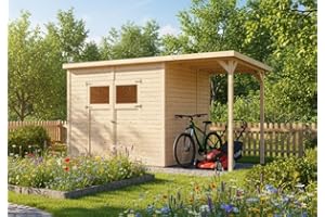 ‎ALPHOLZ Alpholz Gerätehaus Mollie Plus 395x199 cm Fichtenholz 14 mm Wandstärke Pultdach mit Anbau und Schleppdach inkl. Montagematerial