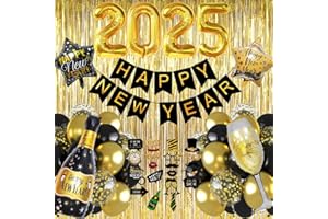 IWHEAT Silvester Deko 2025 Party Set, Silvester Deko 2025 XXL Dekoration, 2025 Folienballons, Happy New Year Girlande, Gold Lametta Vorhang, Schwarz Gold Luftballons,Fotorequisiten Neujahrsdeko Silvesterdeko