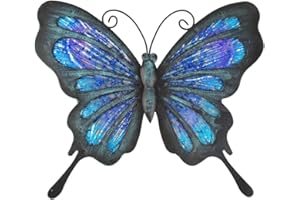 HONGLAND Wanddekoration aus Metall, Schmetterling, Glas, für den Außenbereich, Wandkunst, Skulptur, hängende Gartendekorationen, blau, für Haus und Garten