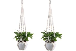 Ezylivin Macrame Plant Hanger 2 Pack, Boho Decorative Hanging Hand-Made No Tassel Cotton Rope with Wooden Beads Flower-Pot Holder Indoor Outdoor Hangers Basket (IVORY BEADS)