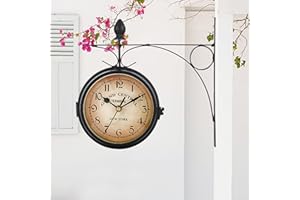 Syfunlv Horloge de Gare Rétro Double Face, Jardin Train Gare Horloge Murale, Nombre Horloge Murale en Fer, pour L’intérieur et L’extérieur Maison Terrasse Jardin Cuisine Cour Séjour, 21,8 * 21,8 cm