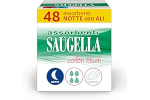 Saugella Assorbenti Cotton Touch Notte, 48 Assorbenti Cotone Notte con Ali, Azione Antibatterica, Antiodore e Lenitiva